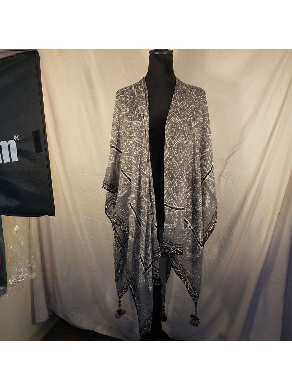 Gray Patterned Kimono with Tassels - OS